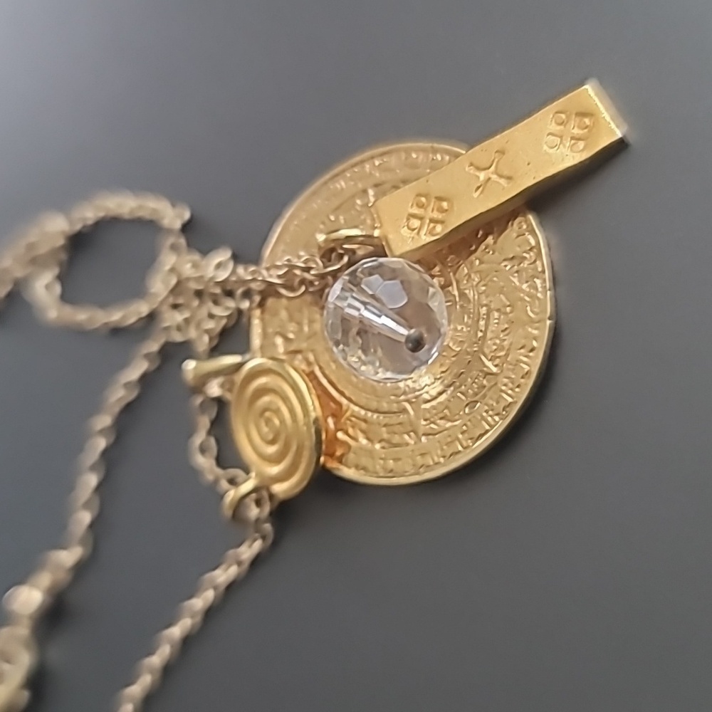 NWT Women's Necklace Gold Handmade Aztec Medallion Charms Quartz Boho Layering